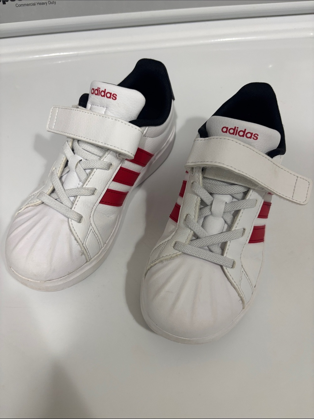 adidas Kids White Sneakers with Red Stripes and Velcro